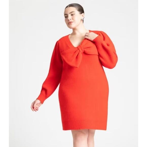 NWT Eloquii Carmine Red Bow Sweater Mini Dress Sz 22/24 - Picture 1 of 9